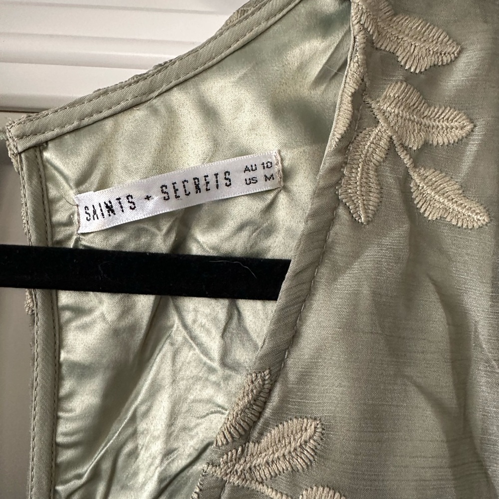 Saints + Secrets Embroidered Ruffle Mini Dress Sage Green, Size M - Picture 3 of 11